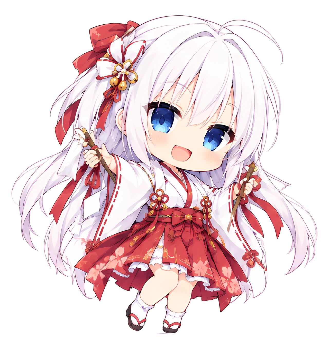 白发蓝眼的 Q 版少女，穿红白花纹巫女服张开双手